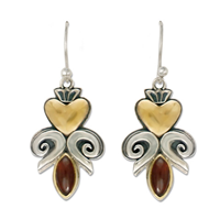 Fleur de lis Heart Earrings in 14K Yellow Gold Design w Sterling Silver Base