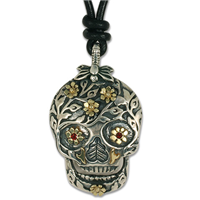 Flora Skull Pendant in 18K Yellow Gold Design w Sterling Silver Base