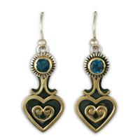 Heart Drop Earrings with Gem in 14K Yellow Gold Design w Sterling Silver Base