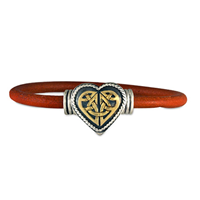 Heart Leather Bracelet in 14K Yellow Gold Design w Sterling Silver Base