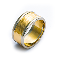 King s Ring Hand Hammered Wedding Ring  in 14K White Gold Borders & Base w 18K Yellow Gold Center