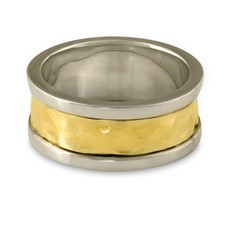 King s Ring Hand Hammered Wedding Ring  in 14K White Gold Borders & Base w 18K Yellow Gold Center
