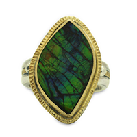 One of a Kind Ammolite Halo Ring in 18K Yellow Gold Design w Sterling Silver Base
