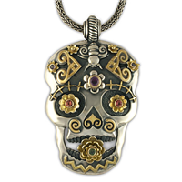 One of a Kind Catriona Skull Pendant in 14K Yellow Gold Design w Sterling Silver Base