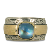 One of a Kind Moonstone Hammered Ring in 14K Yellow Gold Design w Sterling Silver Base
