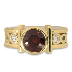 One of a Kind Open Rope Ring with Portuguese Cut Garnet in 18K Yellow Gold Borders & Center w Sterling Silver Base 