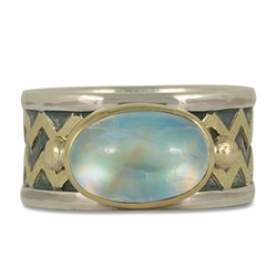 One of a Kind Zig Zag Moonstone Ring in 18K Yellow Gold Design w Sterling Silver Base