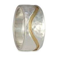 River Wedding Ring 10mm Hammered in 18K Yellow Gold Design w Sterling Silver Base
