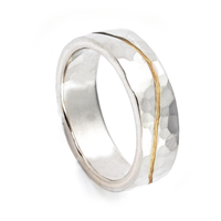 River Wedding Ring 6mm Hammered in 14K White Gold Base w 18K Yellow Gold Center