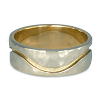 River Wedding Ring 8mm Hammered in 14K White & Yellow Gold Base w 18K Yellow Gold Design