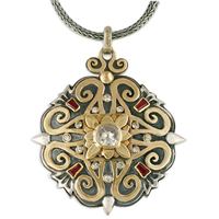 Shonifico Flower Pendant with Diamond and Ruby in 14K Yellow Gold Design w Sterling Silver Base