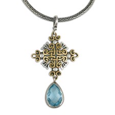 Shonifico Pendant with Swiss Blue Briolite in 14K Yellow Gold Design w Sterling Silver Base