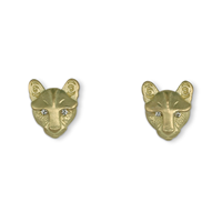 Solid Gold Small Mountain Lion Stud Earrings with Diamond Eyes in 18K Yellow Gold