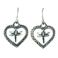 Taliesan Heart Dragonfly Earrings in Sterling Silver