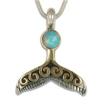 Whale Tail Pendant with Opal in 14K Yellow Gold Design w Sterling Silver Base