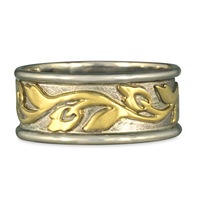 Wide Bordered Flores Wedding Ring in 14K White Gold Borders & Base w 18K Yellow Gold Center
