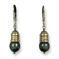 Wistra Black Pearl Earrings in 14K Yellow Gold Design w Sterling Silver Base